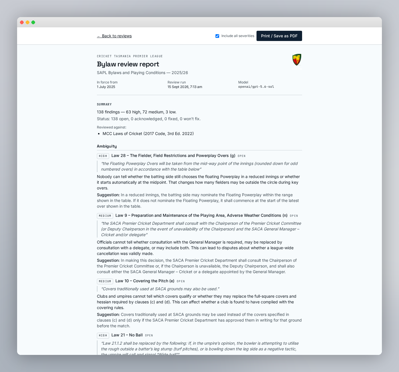 A bylaw review report: 138 findings across a full rulebook, each with the quoted clause, an explanation and a suggested rewording.