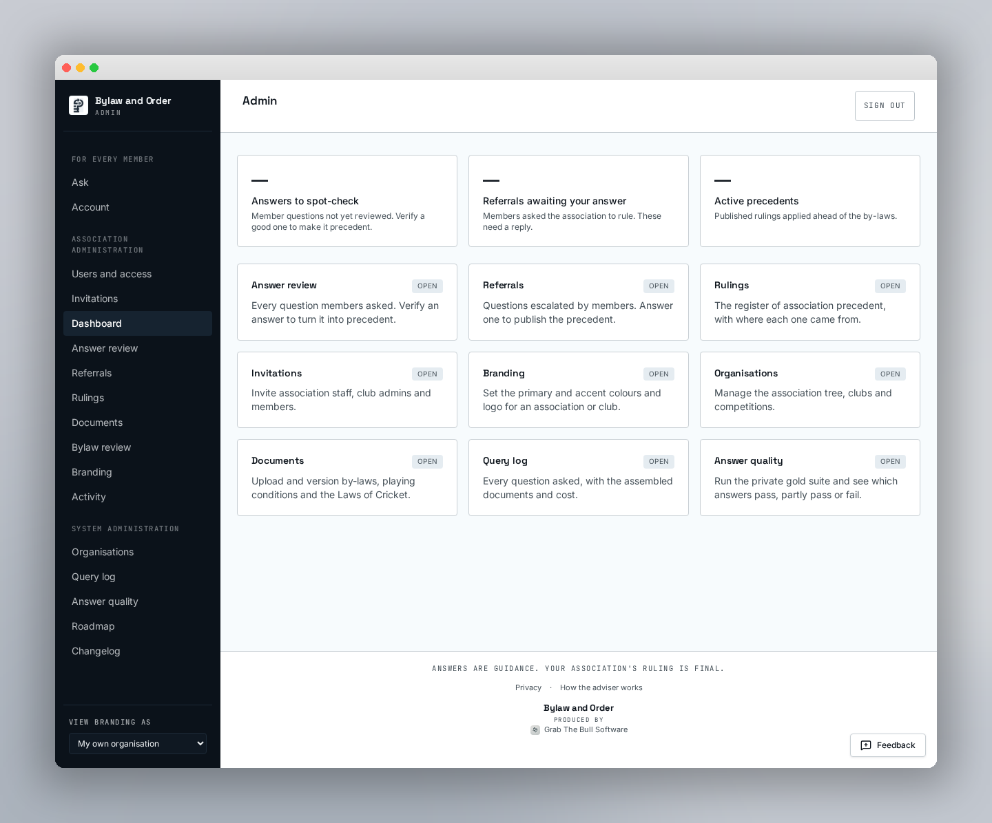 The association admin dashboard: counts of documents in force, questions asked, referrals pending and rulings published.