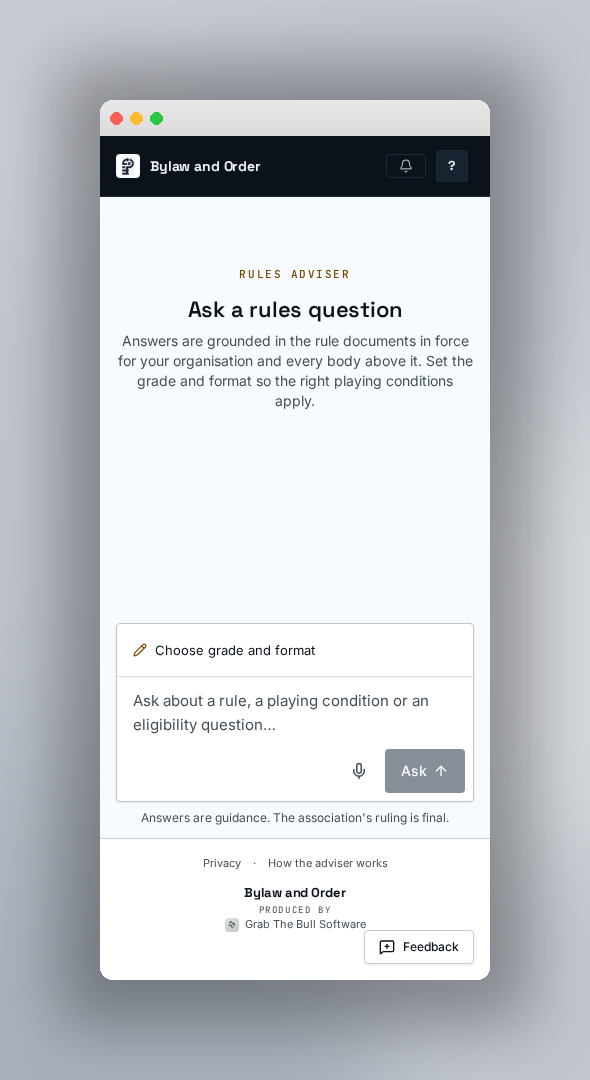 The Ask screen on a phone: choose grade and format, type a question in plain English, and get an answer that quotes the clause.